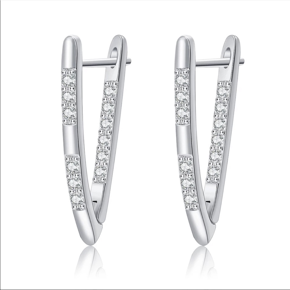 New V-shape White Gold Plated Diamond Hoop Earring - Picture 2 of 5